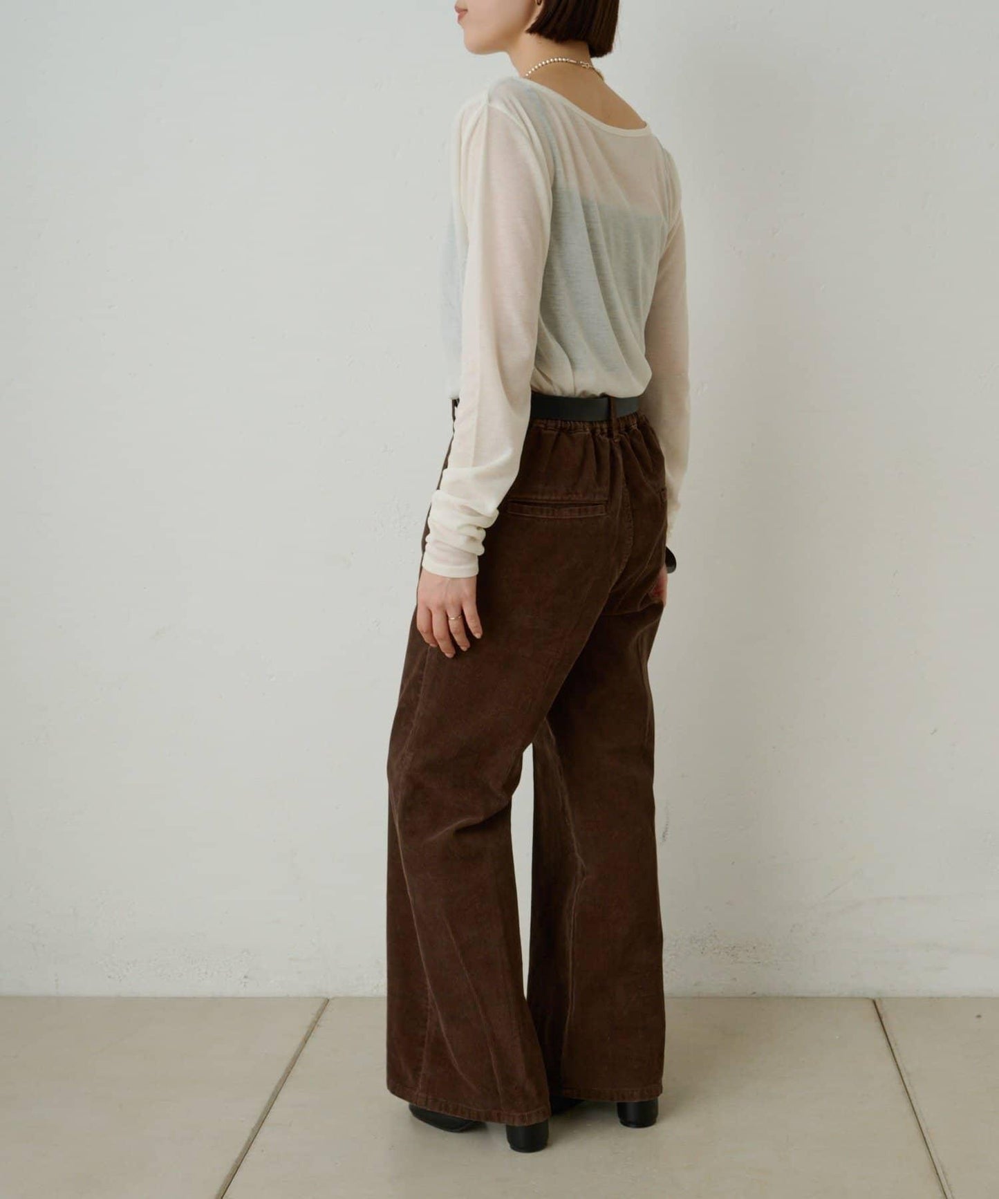 透視羅紋一字肩長袖T恤