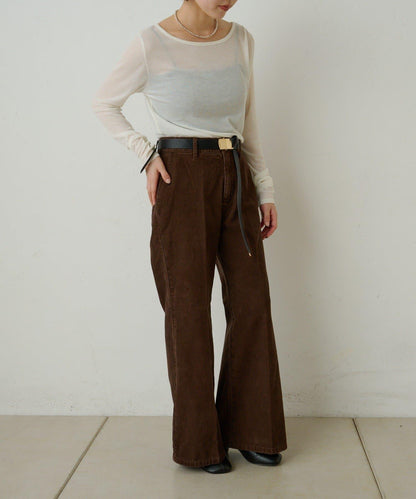 透視羅紋一字肩長袖T恤