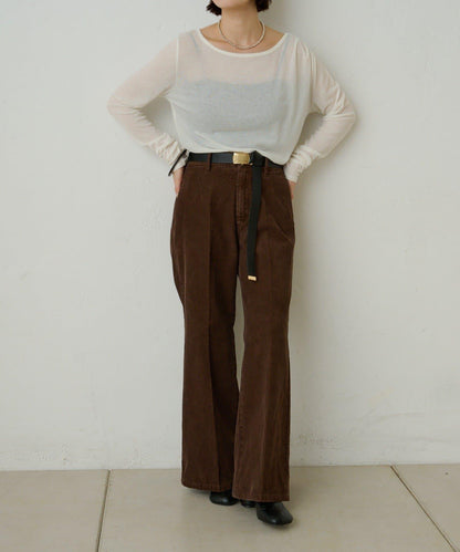 透視羅紋一字肩長袖T恤