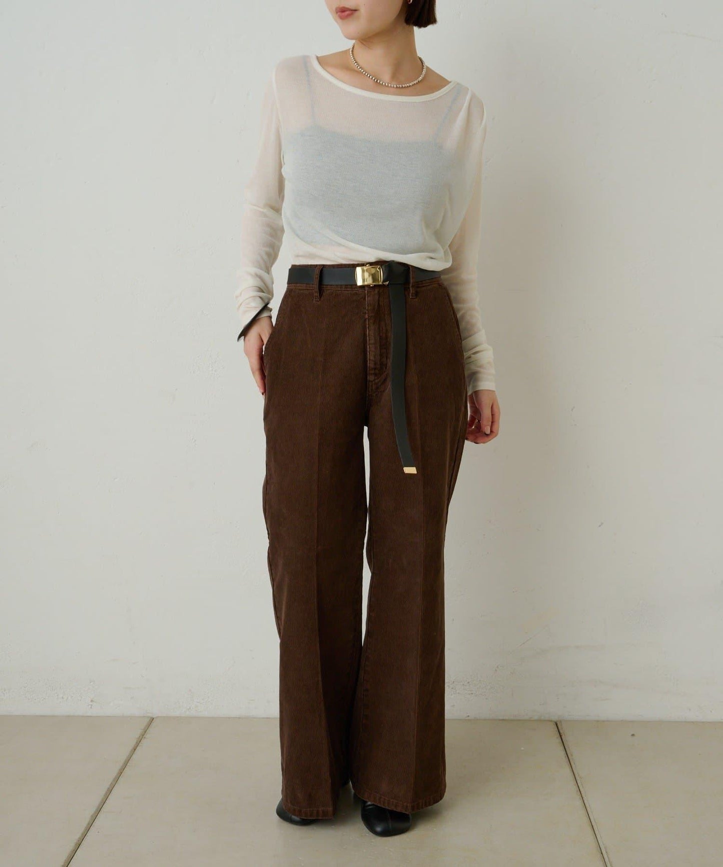 透視羅紋一字肩長袖T恤