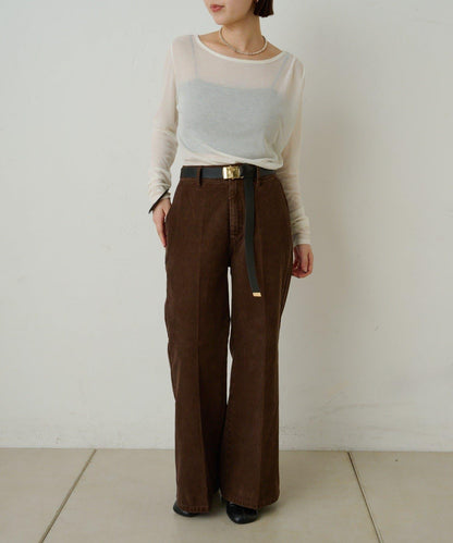 透視羅紋一字肩長袖T恤