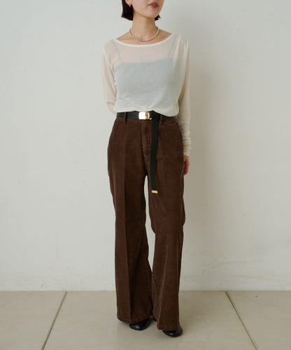 透視羅紋一字肩長袖T恤