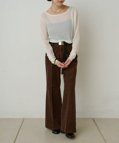 透視羅紋一字肩長袖T恤