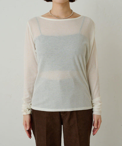 透視羅紋一字肩長袖T恤