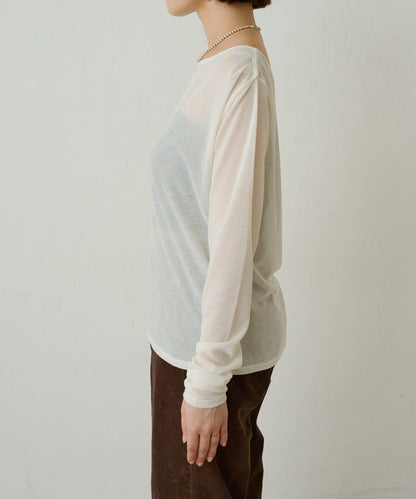 透視羅紋一字肩長袖T恤