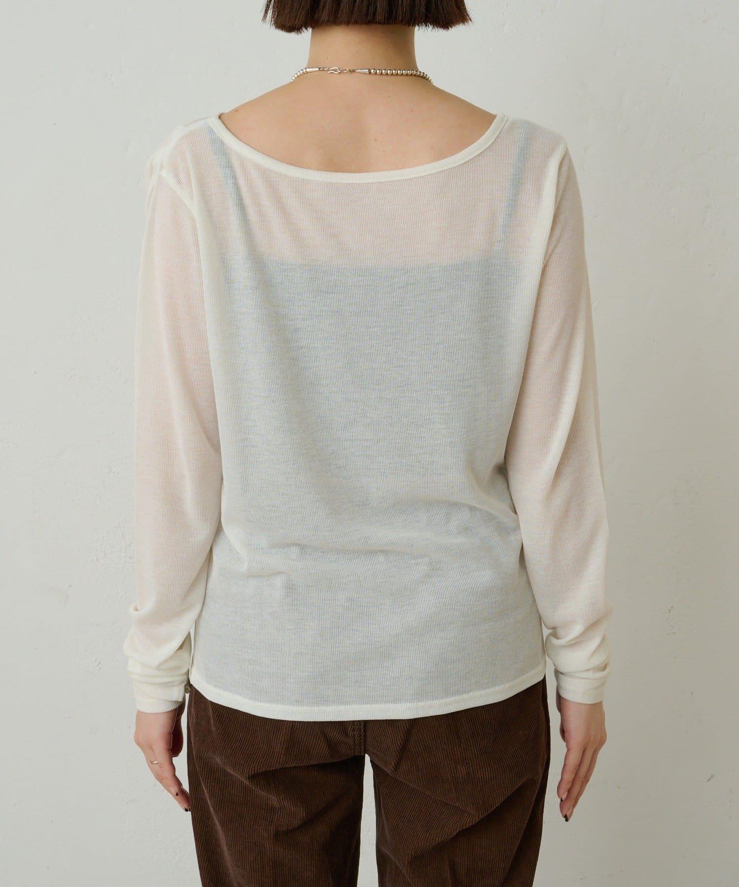 透視羅紋一字肩長袖T恤