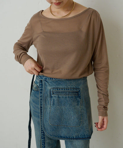 透視羅紋一字肩長袖T恤