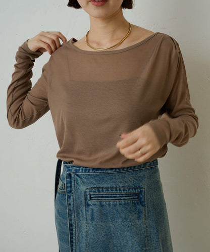 透視羅紋一字肩長袖T恤