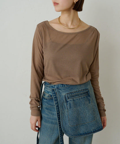 透視羅紋一字肩長袖T恤