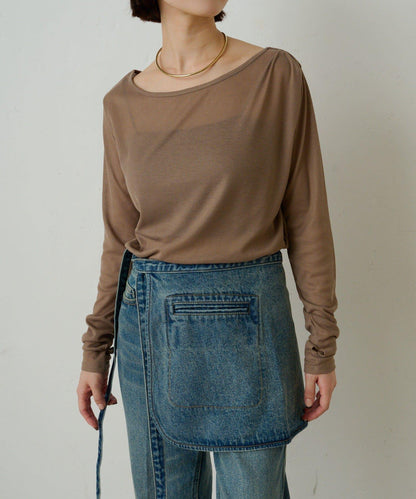 透視羅紋一字肩長袖T恤