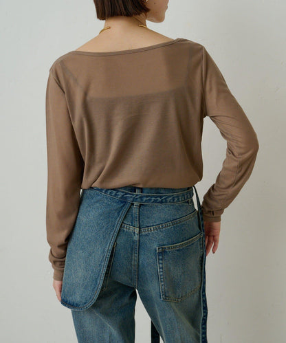 透視羅紋一字肩長袖T恤