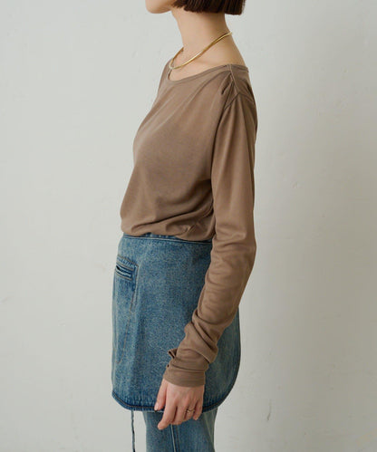 透視羅紋一字肩長袖T恤