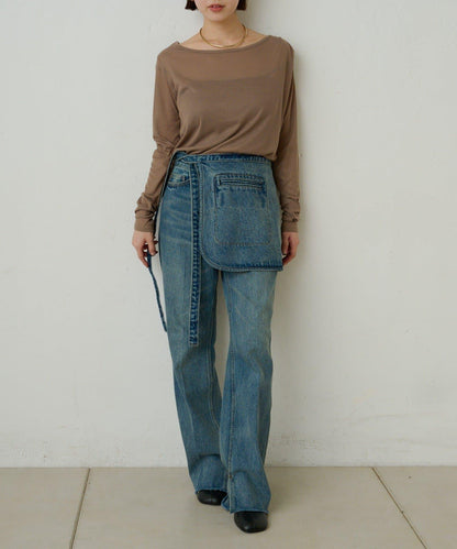 透視羅紋一字肩長袖T恤