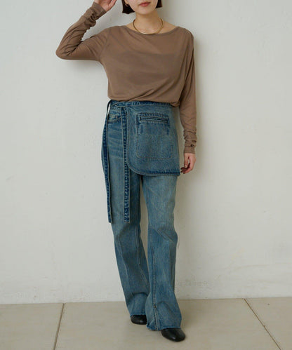 透視羅紋一字肩長袖T恤