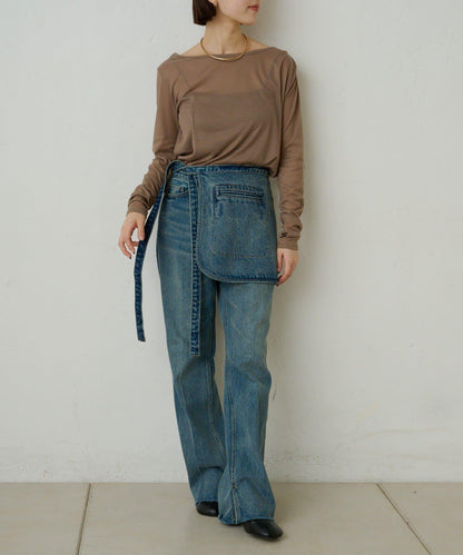 透視羅紋一字肩長袖T恤