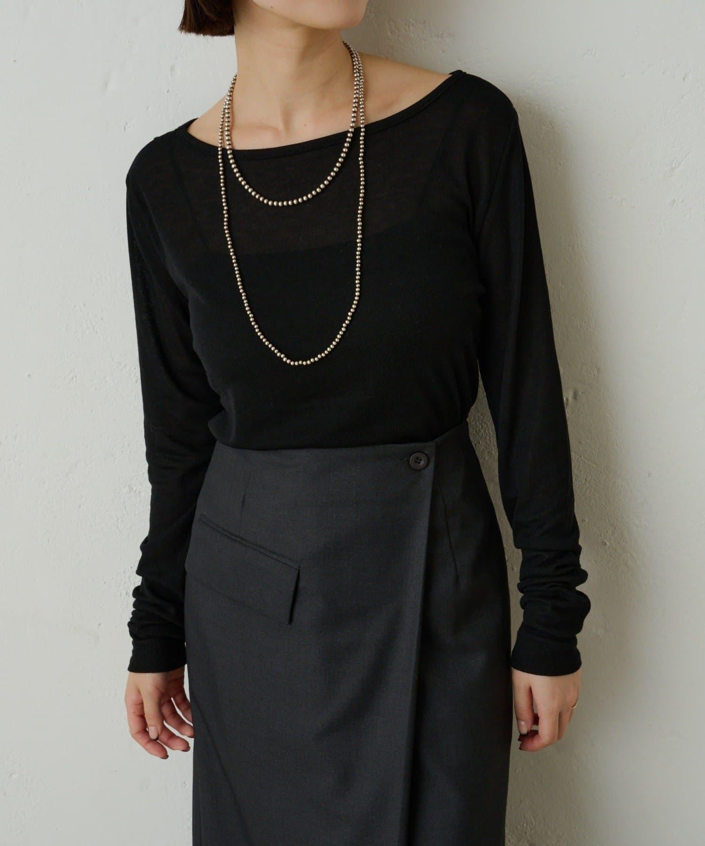 透視羅紋一字肩長袖T恤