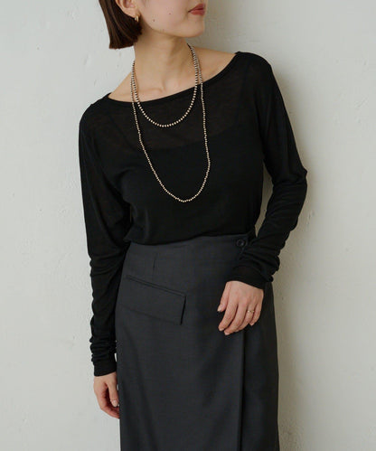 透視羅紋一字肩長袖T恤