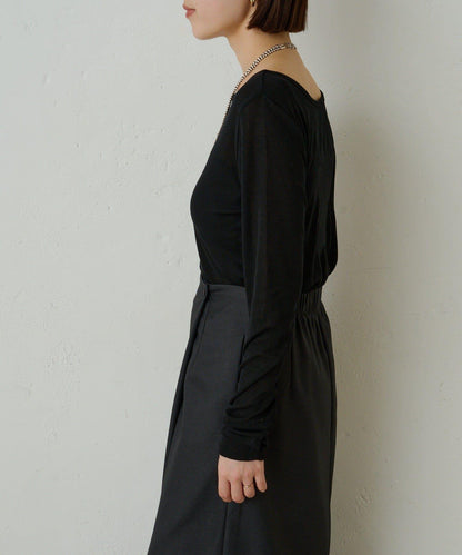 透視羅紋一字肩長袖T恤