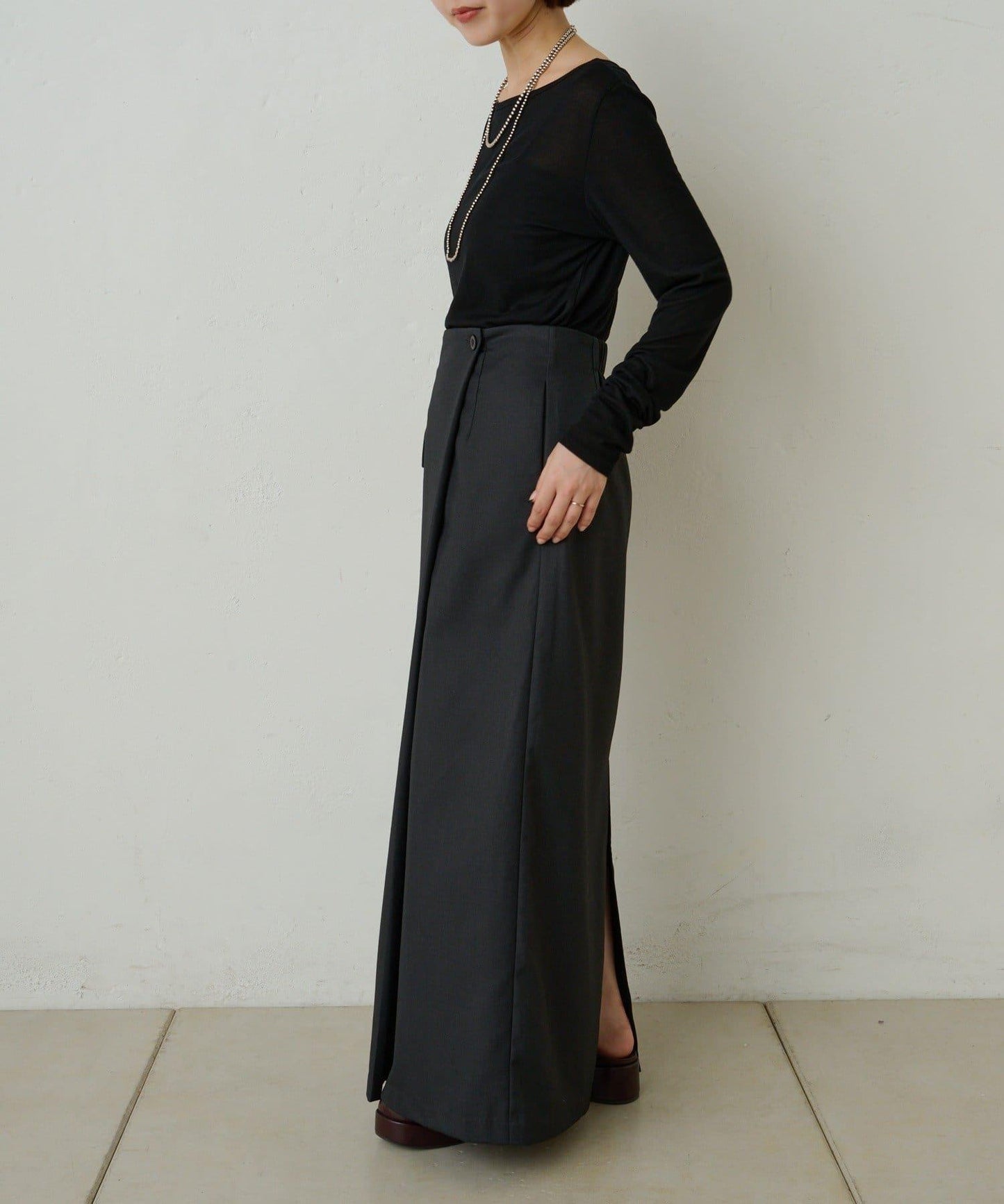 透視羅紋一字肩長袖T恤