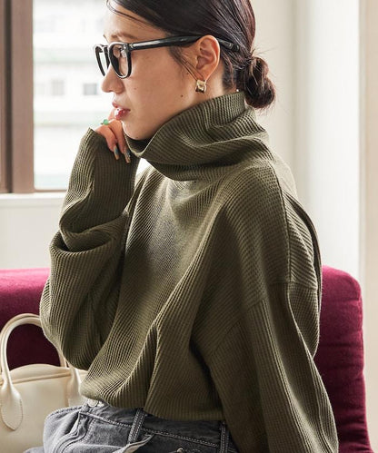 華夫格高領長款套頭衫