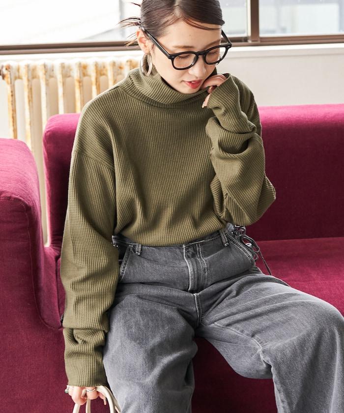 華夫格高領長款套頭衫