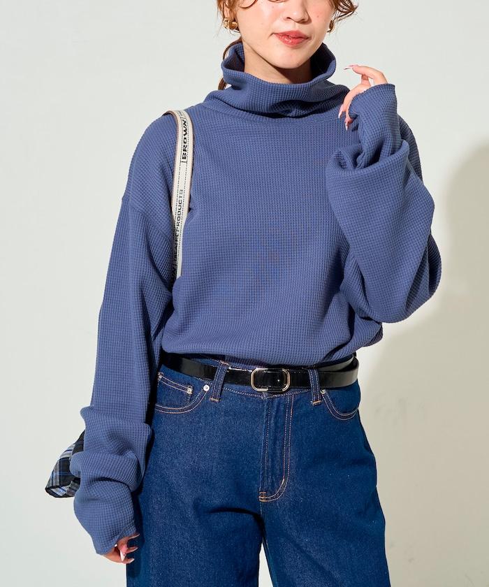 華夫格高領長款套頭衫