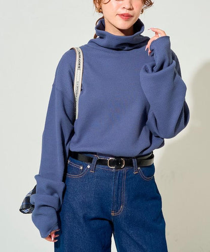 華夫格高領長款套頭衫