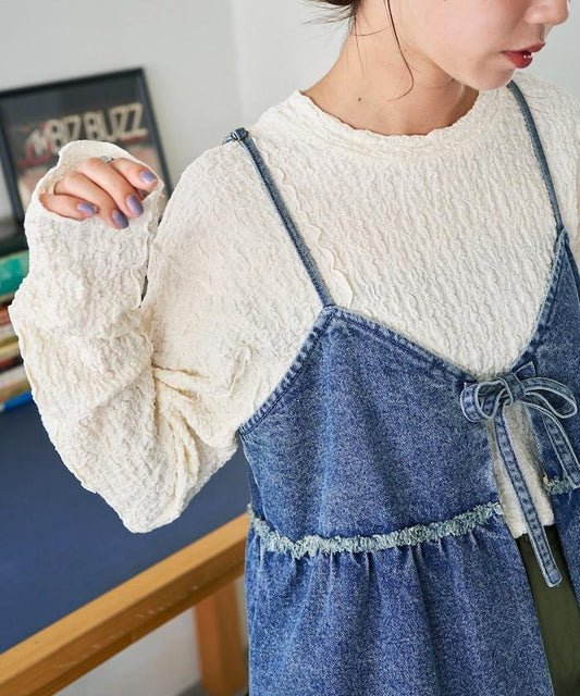 剪裁褶皺波點荷葉邊設計長袖T恤