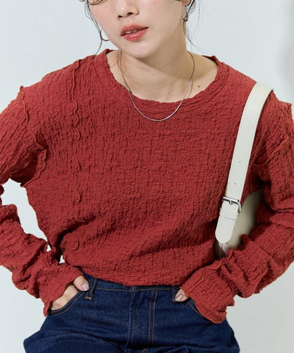 剪裁褶皺波點荷葉邊設計長袖T恤