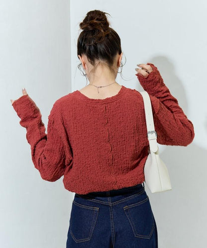 剪裁褶皺波點荷葉邊設計長袖T恤