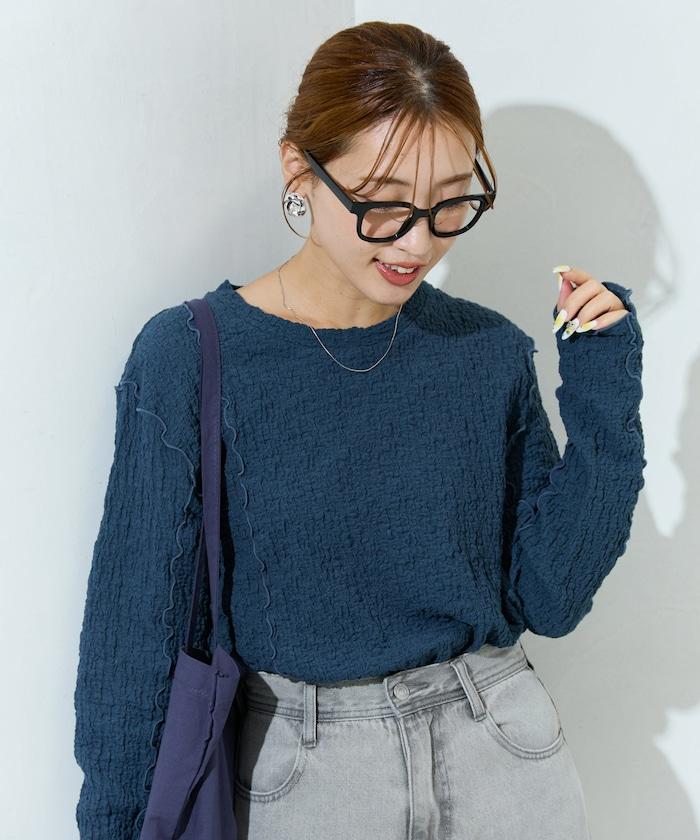 剪裁褶皺波點荷葉邊設計長袖T恤