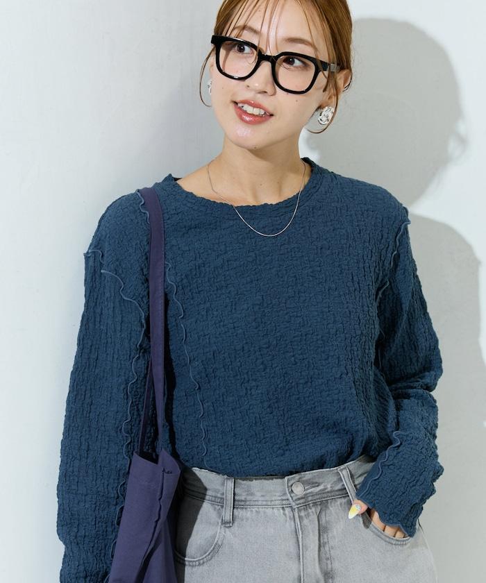 剪裁褶皺波點荷葉邊設計長袖T恤