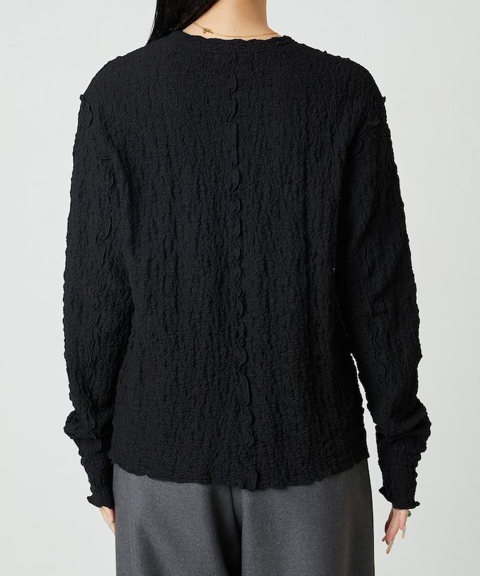 剪裁褶皺波點荷葉邊設計長袖T恤