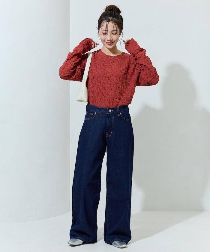 剪裁褶皺波點荷葉邊設計長袖T恤