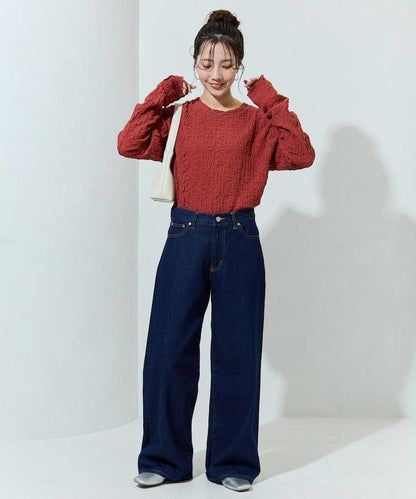 剪裁褶皺波點荷葉邊設計長袖T恤