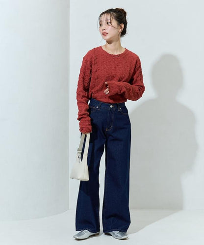 剪裁褶皺波點荷葉邊設計長袖T恤