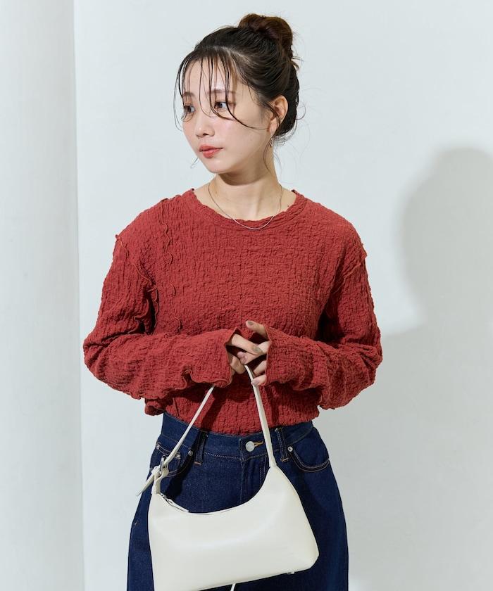 剪裁褶皺波點荷葉邊設計長袖T恤