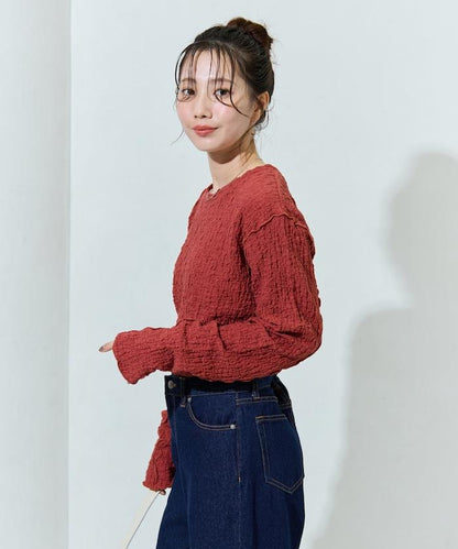 剪裁褶皺波點荷葉邊設計長袖T恤