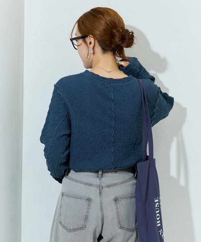 剪裁褶皺波點荷葉邊設計長袖T恤