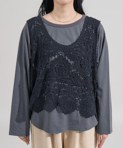 蕾絲背心套裝 長袖