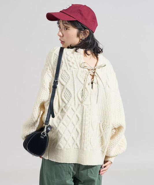 2way改造風格麻花編織繫帶針織套頭衫