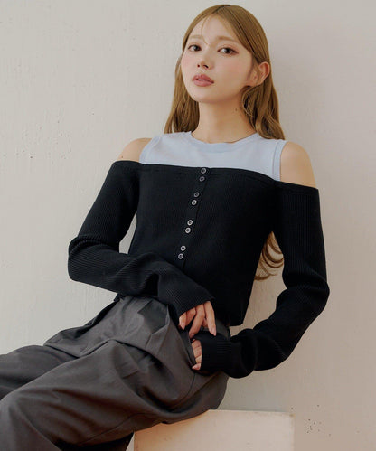 【Chico】針織一字肩拼接針織衫