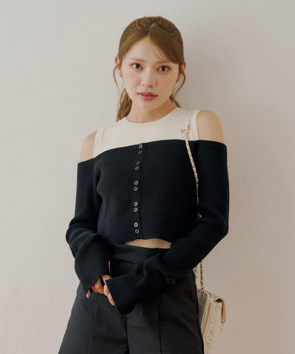 【Chico】針織一字肩拼接針織衫