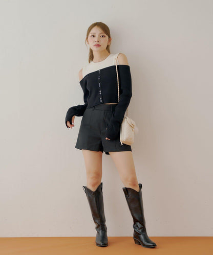 【Chico】針織一字肩拼接針織衫