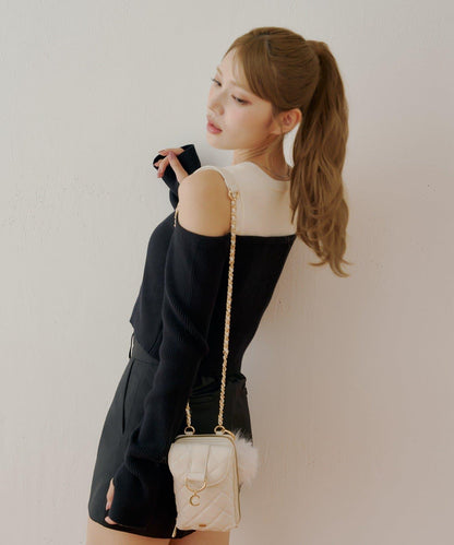 【Chico】針織一字肩拼接針織衫