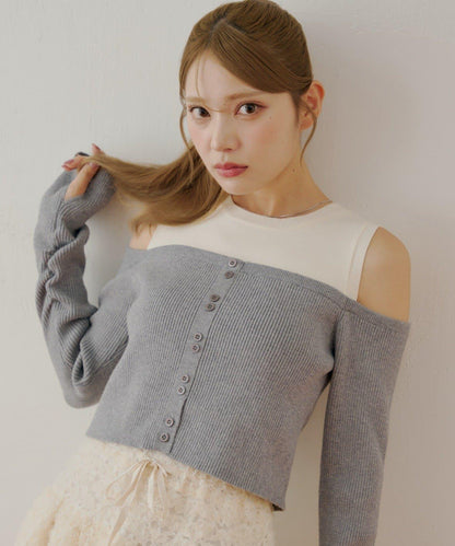 【Chico】針織一字肩拼接針織衫