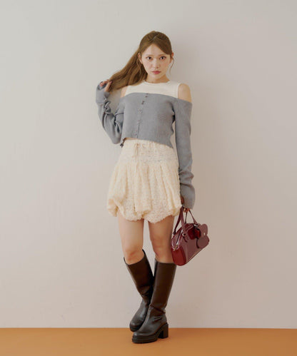 【Chico】針織一字肩拼接針織衫