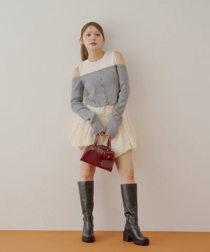 【Chico】針織一字肩拼接針織衫