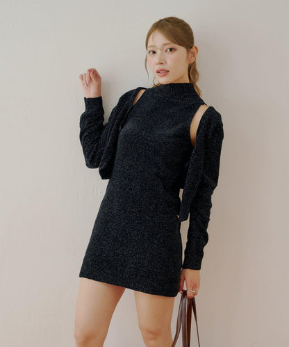 【Chico】天鵝絨無袖連衣裙+開衫套裝