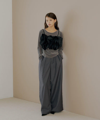 【Chico】荷葉邊吊帶+天鵝絨上衣套裝